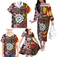 Personalised Aotearoa and Australia Together Family Matching Off The Shoulder Long Sleeve Dress and Hawaiian Shirt Koru and Kangaroo - Taniko with Aboriginal Motif LT03 - Polynesian Pride