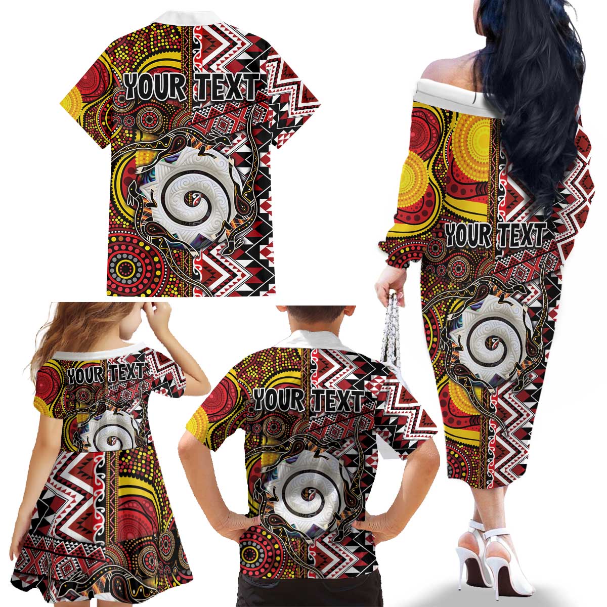 Personalised Aotearoa and Australia Together Family Matching Off The Shoulder Long Sleeve Dress and Hawaiian Shirt Koru and Kangaroo - Taniko with Aboriginal Motif LT03 - Polynesian Pride