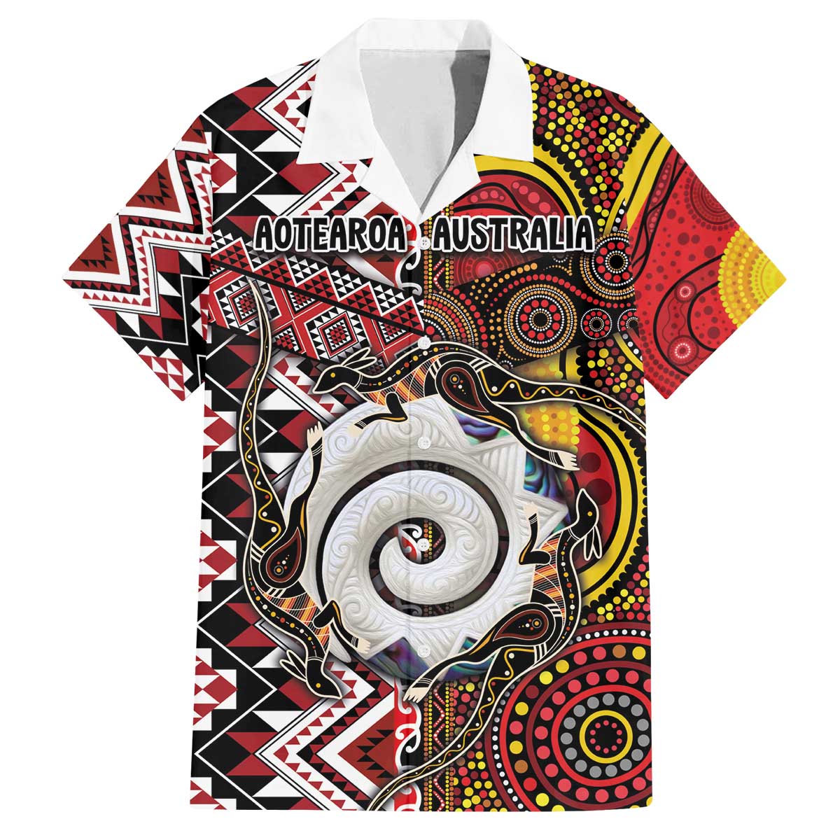 Personalised Aotearoa and Australia Together Family Matching Off The Shoulder Long Sleeve Dress and Hawaiian Shirt Koru and Kangaroo - Taniko with Aboriginal Motif LT03 Dad's Shirt - Short Sleeve Black - Polynesian Pride
