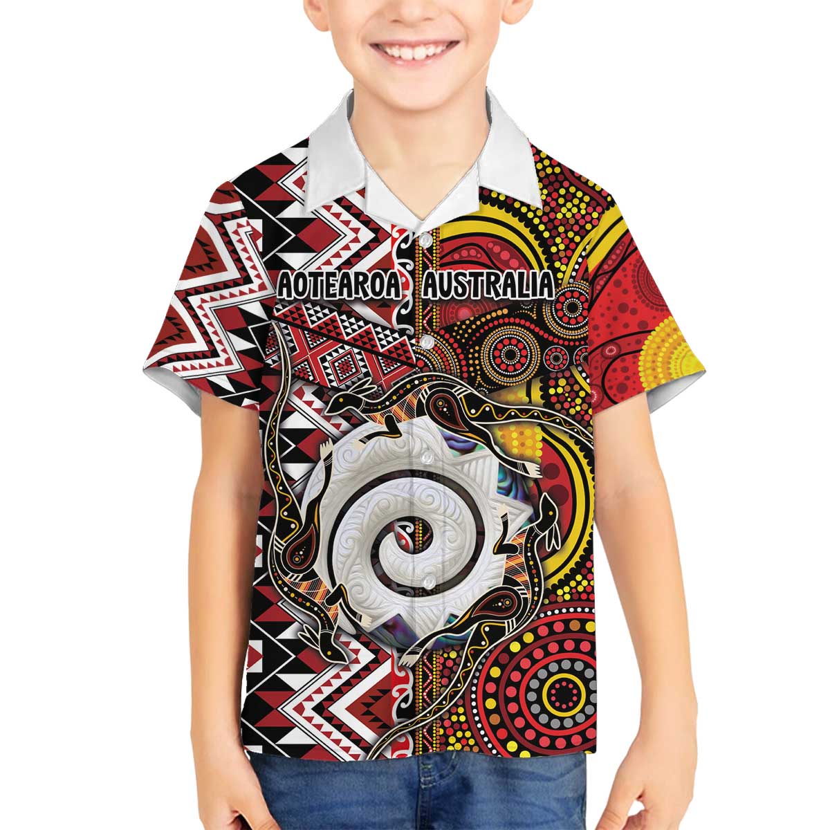 Personalised Aotearoa and Australia Together Family Matching Off The Shoulder Long Sleeve Dress and Hawaiian Shirt Koru and Kangaroo - Taniko with Aboriginal Motif LT03 Son's Shirt Black - Polynesian Pride