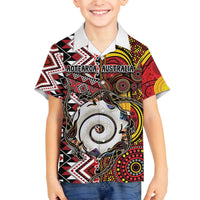 Personalised Aotearoa and Australia Together Family Matching Off The Shoulder Long Sleeve Dress and Hawaiian Shirt Koru and Kangaroo - Taniko with Aboriginal Motif LT03 Son's Shirt Black - Polynesian Pride