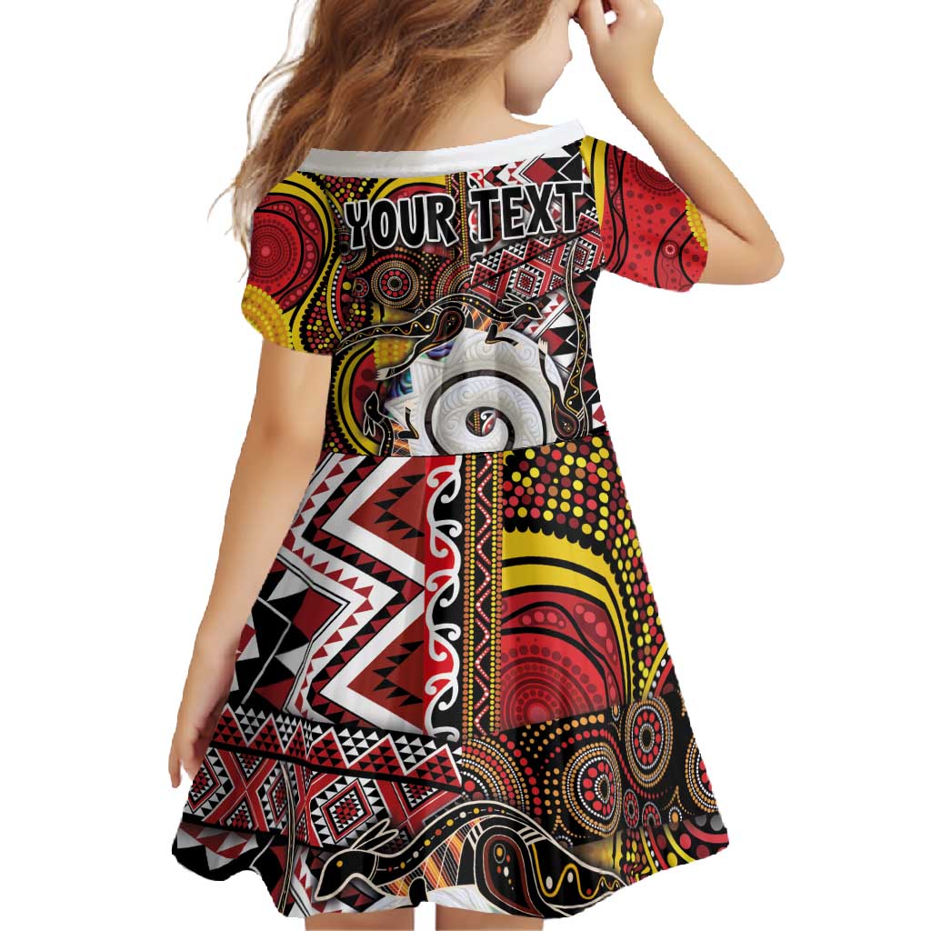 Personalised Aotearoa and Australia Together Family Matching Off Shoulder Maxi Dress and Hawaiian Shirt Koru and Kangaroo - Taniko with Aboriginal Motif LT03 - Polynesian Pride