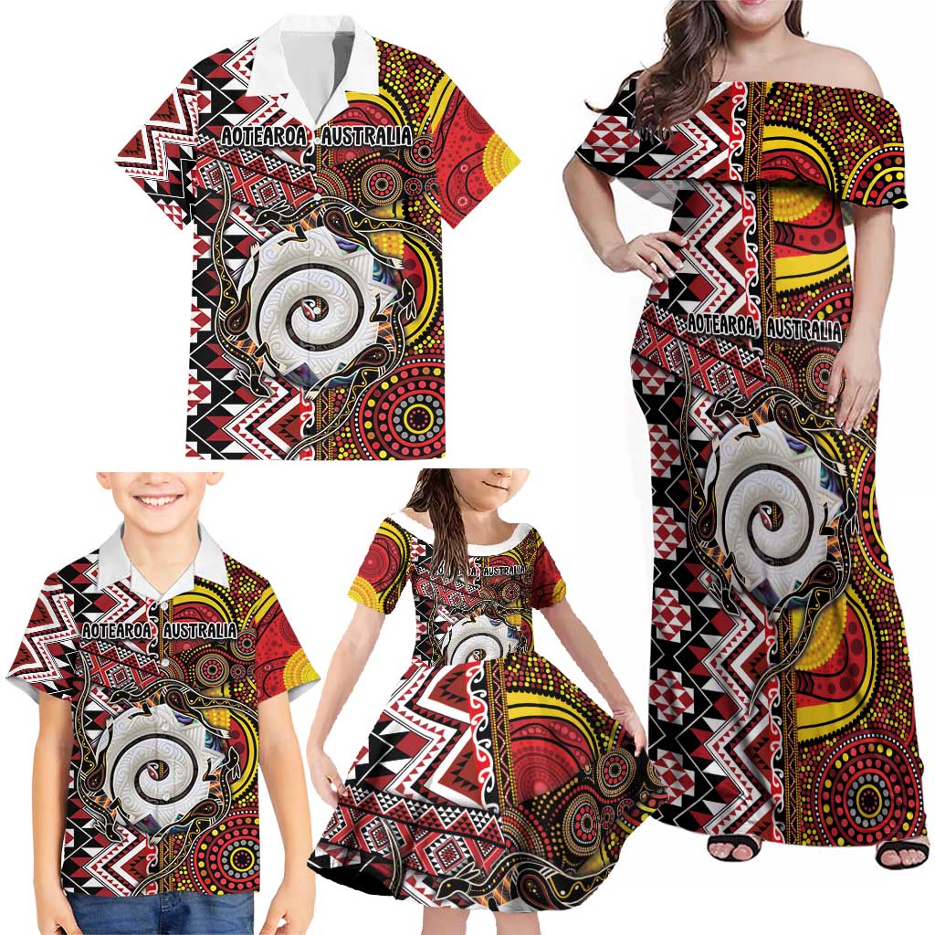 Personalised Aotearoa and Australia Together Family Matching Off Shoulder Maxi Dress and Hawaiian Shirt Koru and Kangaroo - Taniko with Aboriginal Motif LT03 - Polynesian Pride