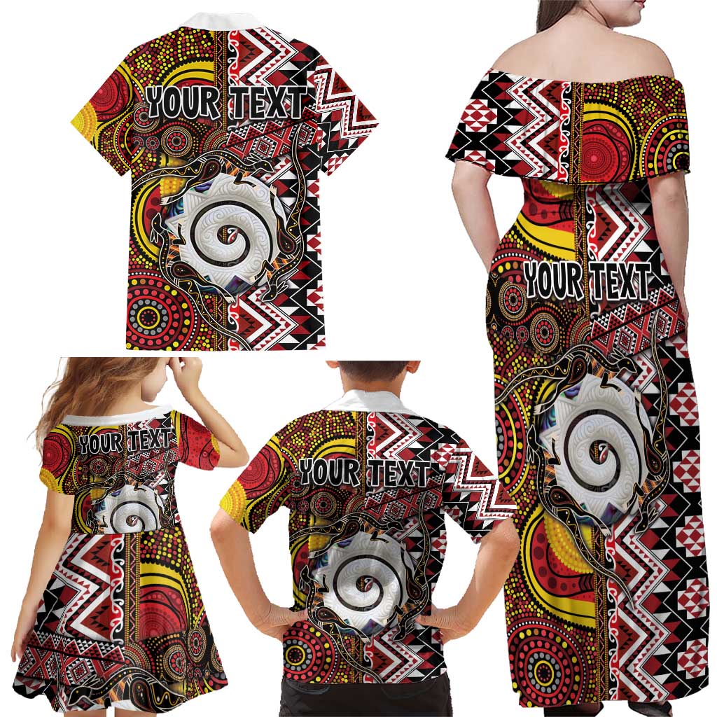 Personalised Aotearoa and Australia Together Family Matching Off Shoulder Maxi Dress and Hawaiian Shirt Koru and Kangaroo - Taniko with Aboriginal Motif LT03 - Polynesian Pride