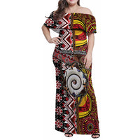 Personalised Aotearoa and Australia Together Family Matching Off Shoulder Maxi Dress and Hawaiian Shirt Koru and Kangaroo - Taniko with Aboriginal Motif LT03 Mom's Dress Black - Polynesian Pride