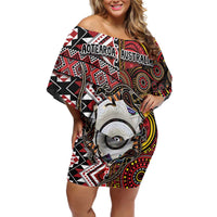 Personalised Aotearoa and Australia Together Family Matching Off Shoulder Short Dress and Hawaiian Shirt Koru and Kangaroo - Taniko with Aboriginal Motif LT03 Mom's Dress Black - Polynesian Pride