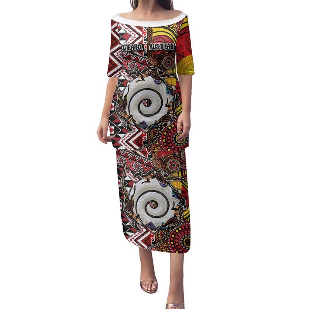 Personalised Aotearoa and Australia Together Family Matching Puletasi and Hawaiian Shirt Koru and Kangaroo - Taniko with Aboriginal Motif LT03 Mom's Dress Black - Polynesian Pride