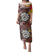 Personalised Aotearoa and Australia Together Family Matching Puletasi and Hawaiian Shirt Koru and Kangaroo - Taniko with Aboriginal Motif LT03 Mom's Dress Black - Polynesian Pride