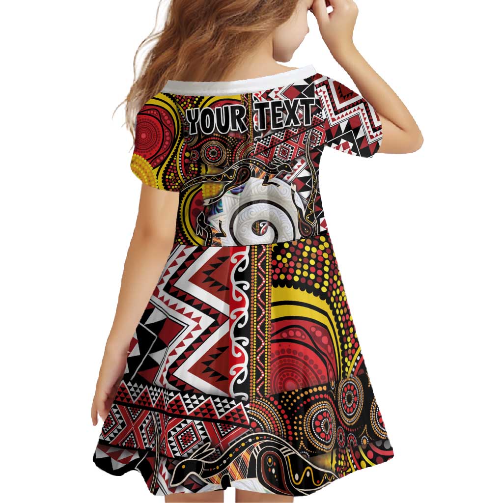 Personalised Aotearoa and Australia Together Family Matching Short Sleeve Bodycon Dress and Hawaiian Shirt Koru and Kangaroo - Taniko with Aboriginal Motif LT03 - Polynesian Pride