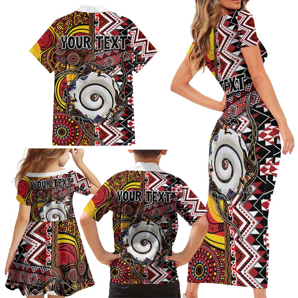 Personalised Aotearoa and Australia Together Family Matching Short Sleeve Bodycon Dress and Hawaiian Shirt Koru and Kangaroo - Taniko with Aboriginal Motif LT03 - Polynesian Pride