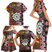 Personalised Aotearoa and Australia Together Family Matching Short Sleeve Bodycon Dress and Hawaiian Shirt Koru and Kangaroo - Taniko with Aboriginal Motif LT03 - Polynesian Pride