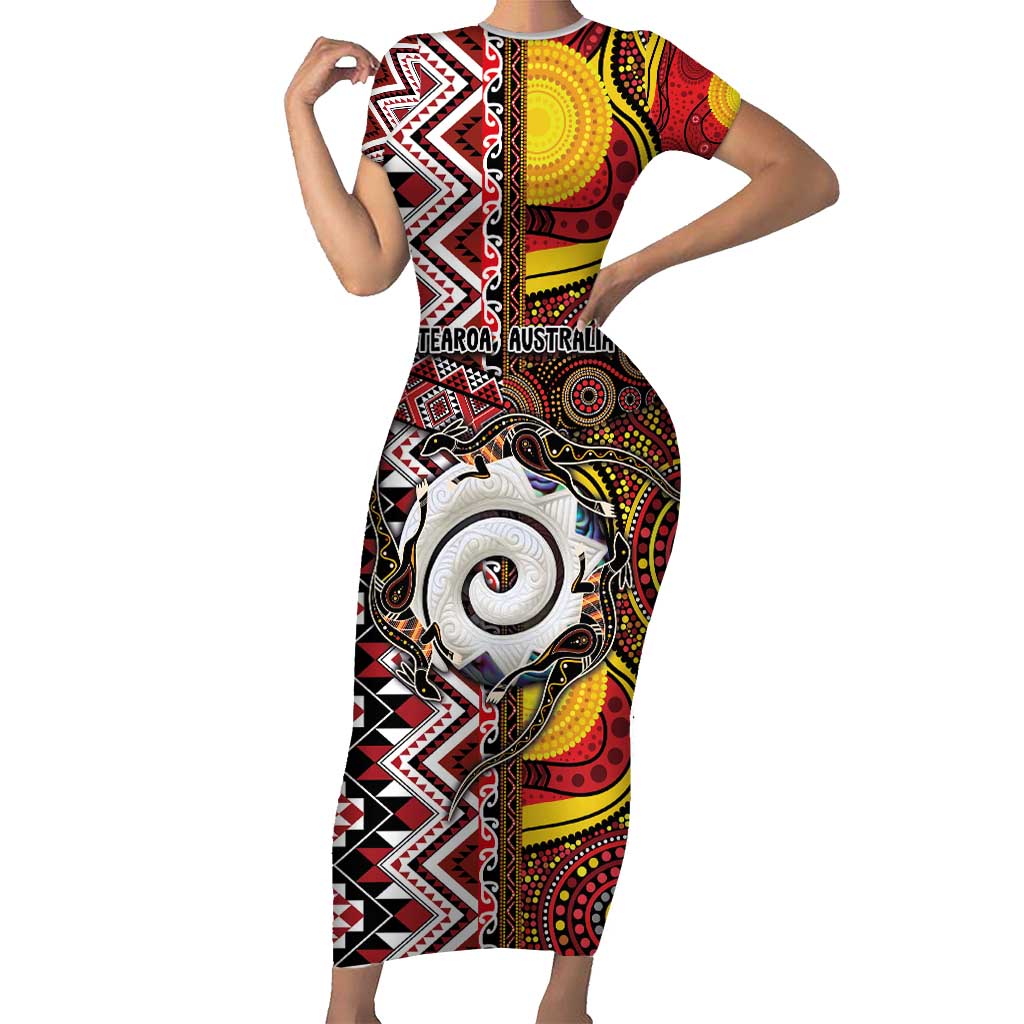 Personalised Aotearoa and Australia Together Family Matching Short Sleeve Bodycon Dress and Hawaiian Shirt Koru and Kangaroo - Taniko with Aboriginal Motif LT03 Mom's Dress Black - Polynesian Pride