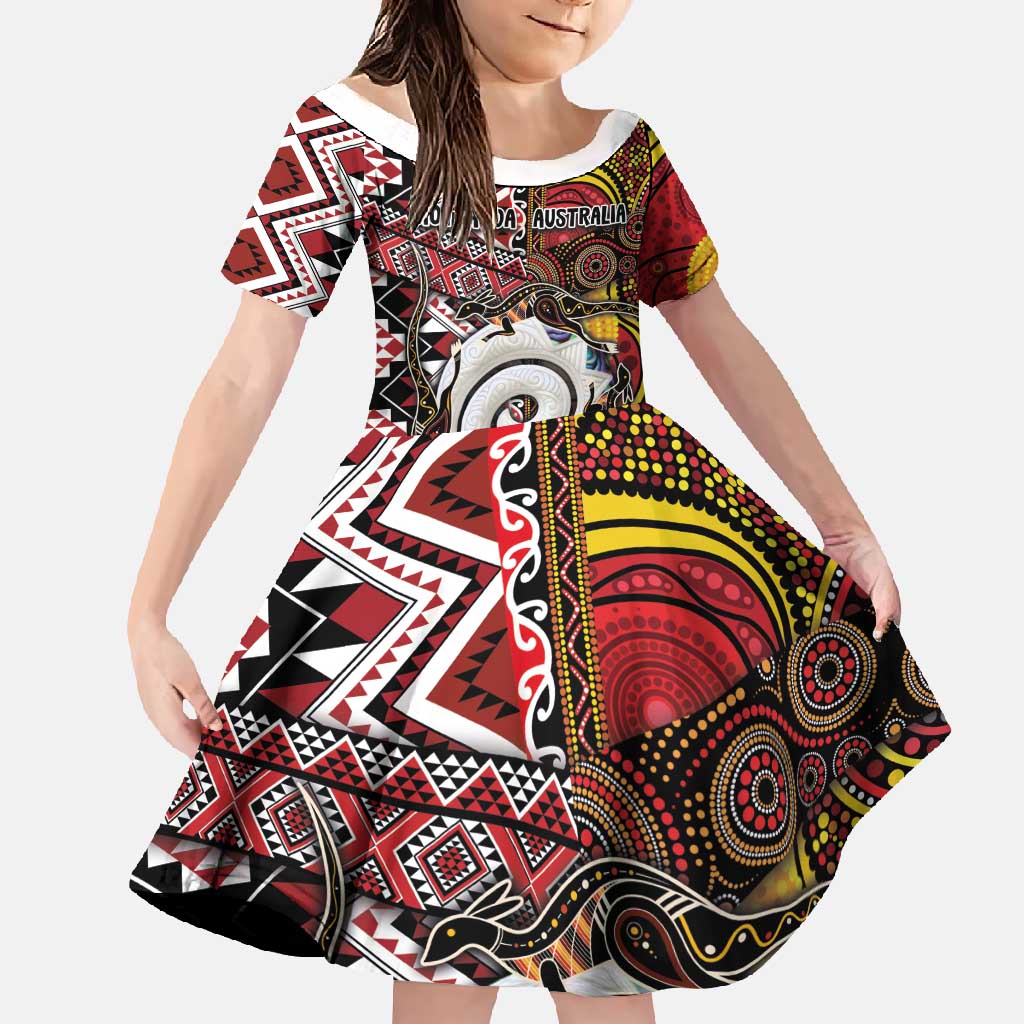 Personalised Aotearoa and Australia Together Family Matching Summer Maxi Dress and Hawaiian Shirt Koru and Kangaroo - Taniko with Aboriginal Motif LT03 Daughter's Dress Black - Polynesian Pride