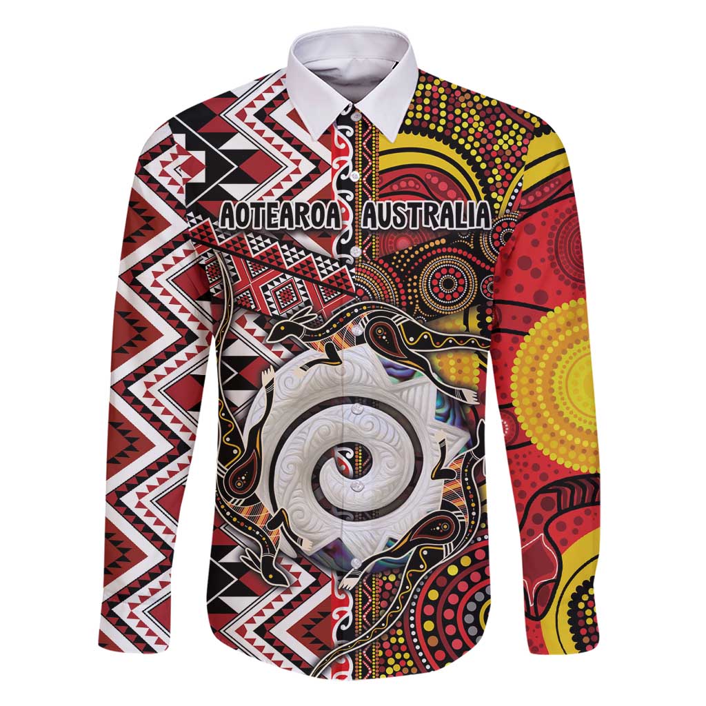 Personalised Aotearoa and Australia Together Family Matching Summer Maxi Dress and Hawaiian Shirt Koru and Kangaroo - Taniko with Aboriginal Motif LT03 Dad's Shirt - Long Sleeve Black - Polynesian Pride
