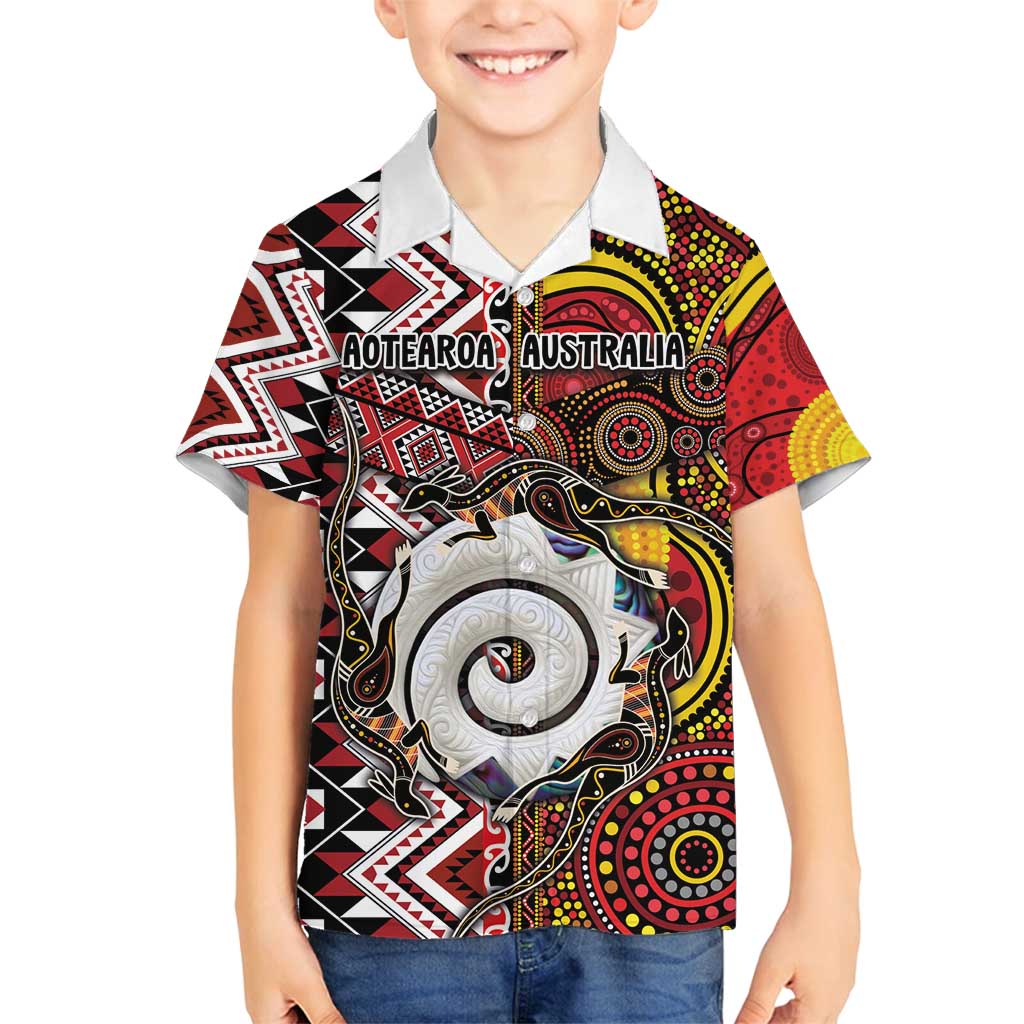 Personalised Aotearoa and Australia Together Family Matching Summer Maxi Dress and Hawaiian Shirt Koru and Kangaroo - Taniko with Aboriginal Motif LT03 Son's Shirt Black - Polynesian Pride