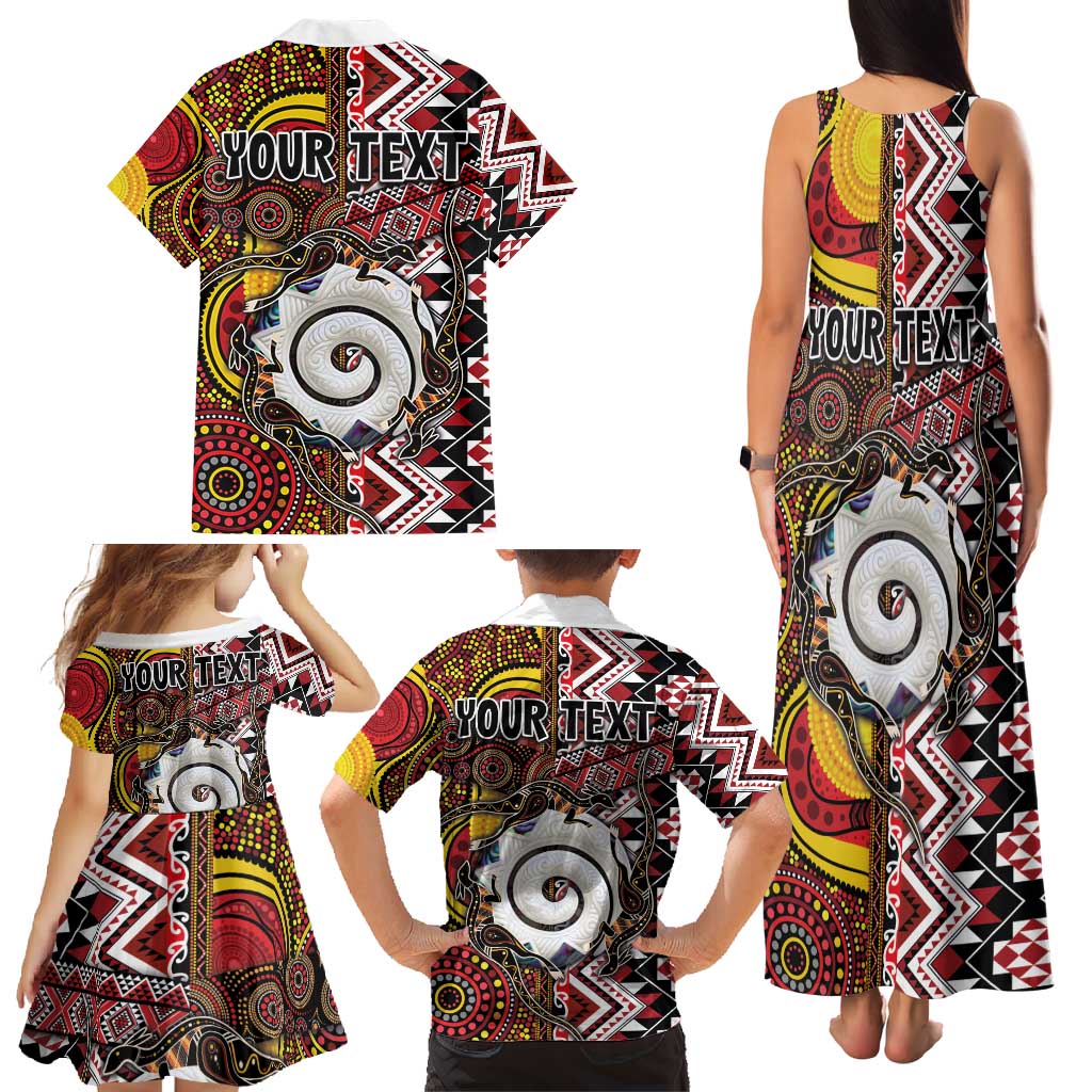 Personalised Aotearoa and Australia Together Family Matching Tank Maxi Dress and Hawaiian Shirt Koru and Kangaroo - Taniko with Aboriginal Motif LT03 - Polynesian Pride