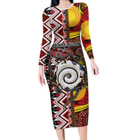 Personalised Aotearoa and Australia Together Long Sleeve Bodycon Dress Koru and Kangaroo - Taniko with Aboriginal Motif LT03 Long Dress Black - Polynesian Pride