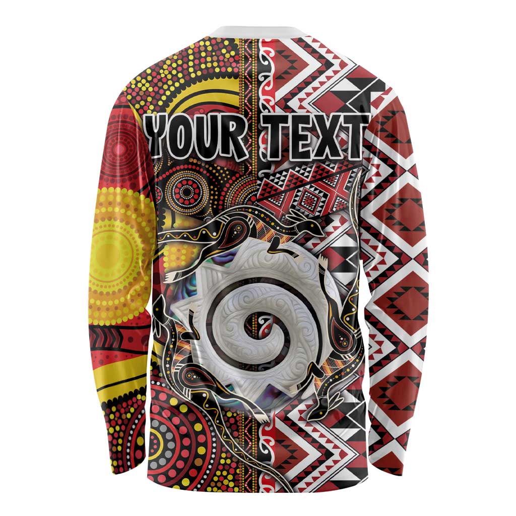 Personalised Aotearoa and Australia Together Long Sleeve Shirt Koru and Kangaroo - Taniko with Aboriginal Motif