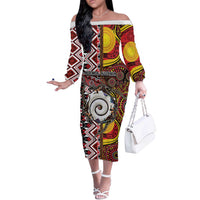 Personalised Aotearoa and Australia Together Off The Shoulder Long Sleeve Dress Koru and Kangaroo - Taniko with Aboriginal Motif LT03 Women Black - Polynesian Pride
