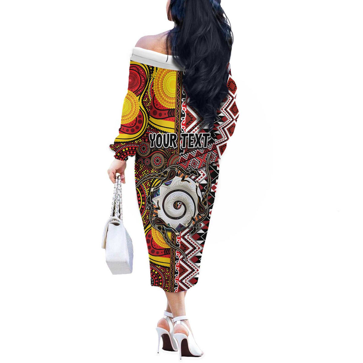 Personalised Aotearoa and Australia Together Off The Shoulder Long Sleeve Dress Koru and Kangaroo - Taniko with Aboriginal Motif LT03 - Polynesian Pride