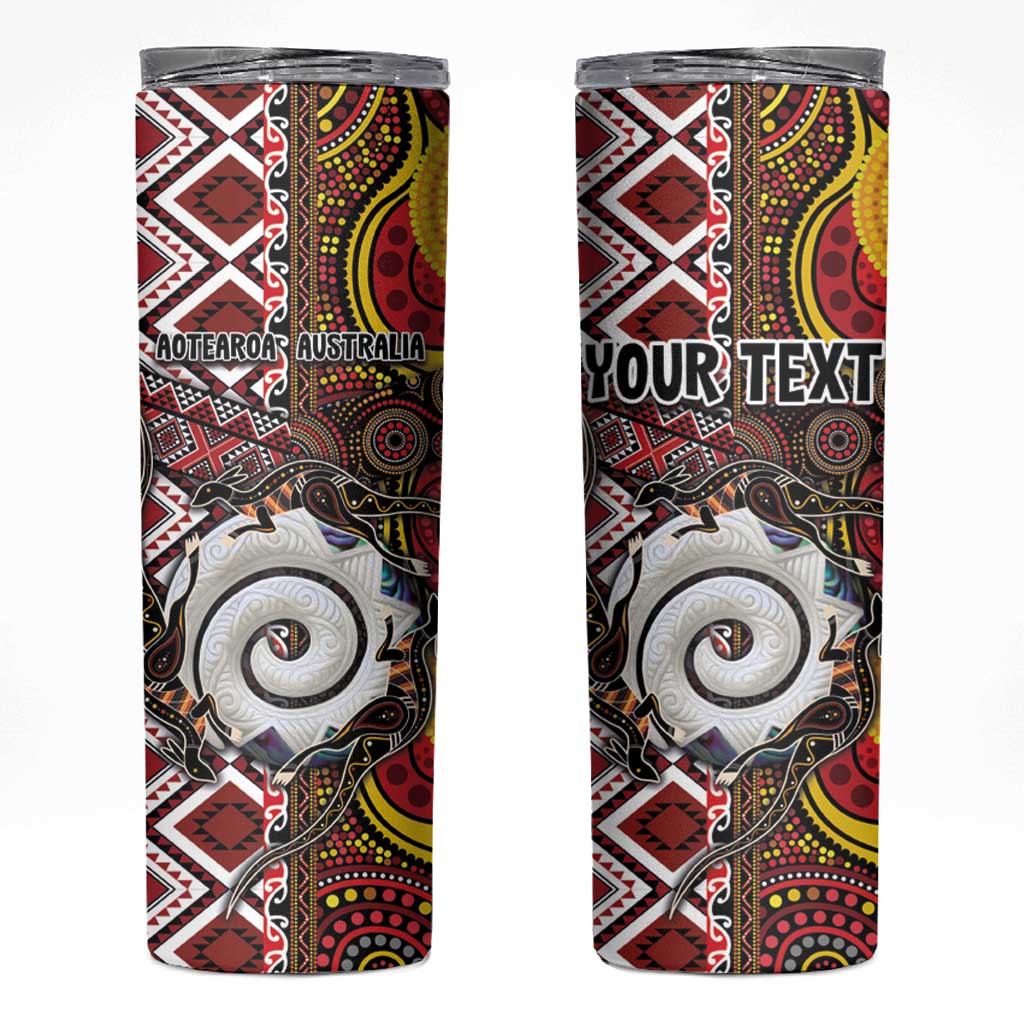 Personalised Aotearoa and Australia Together Skinny Tumbler Koru and Kangaroo - Taniko with Aboriginal Motif LT03 Black - Polynesian Pride