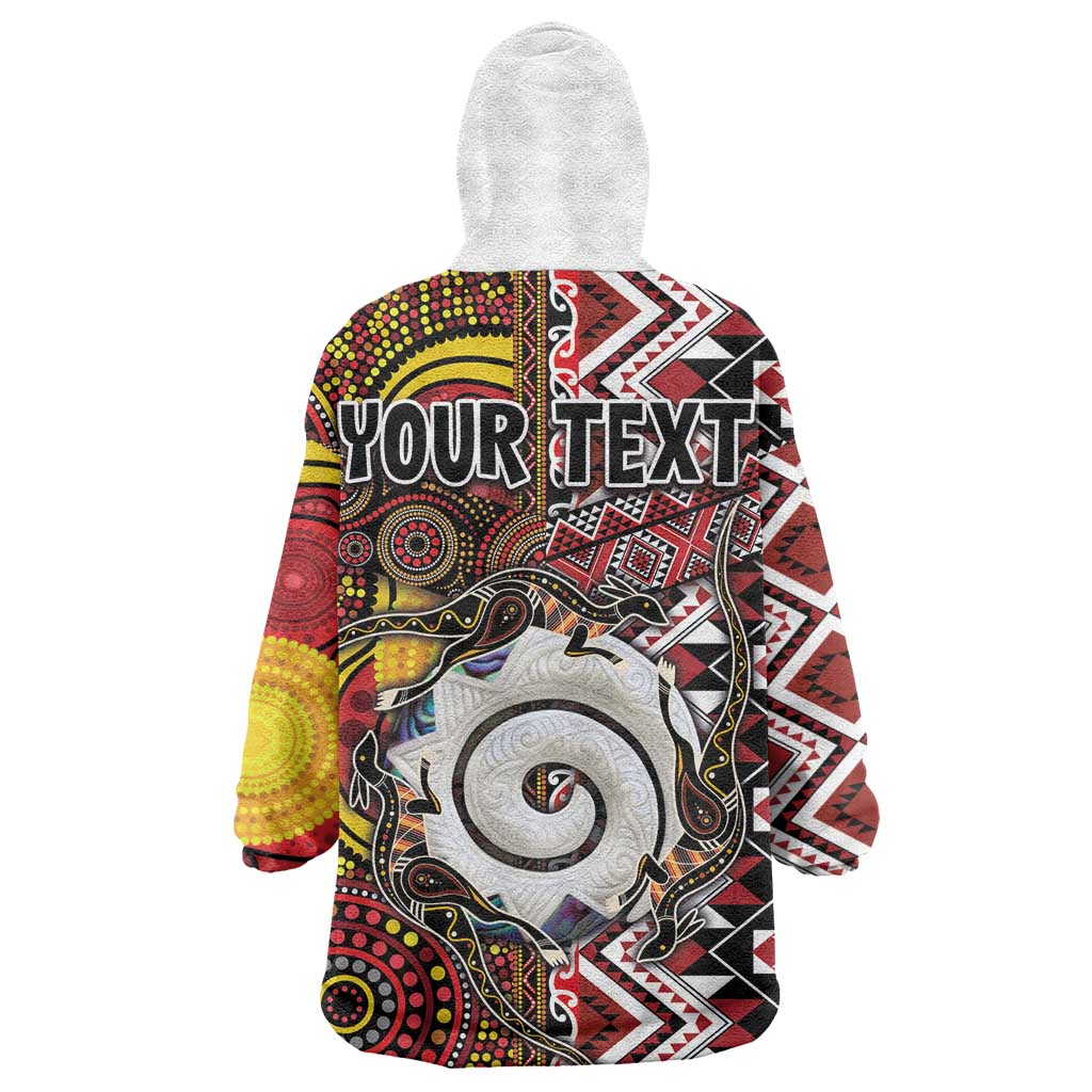 Personalised Aotearoa and Australia Together Wearable Blanket Hoodie Koru and Kangaroo - Taniko with Aboriginal Motif LT03 - Polynesian Pride
