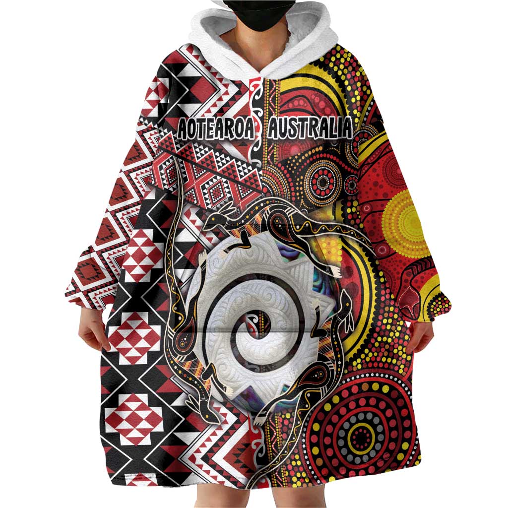 Personalised Aotearoa and Australia Together Wearable Blanket Hoodie Koru and Kangaroo - Taniko with Aboriginal Motif LT03 - Polynesian Pride