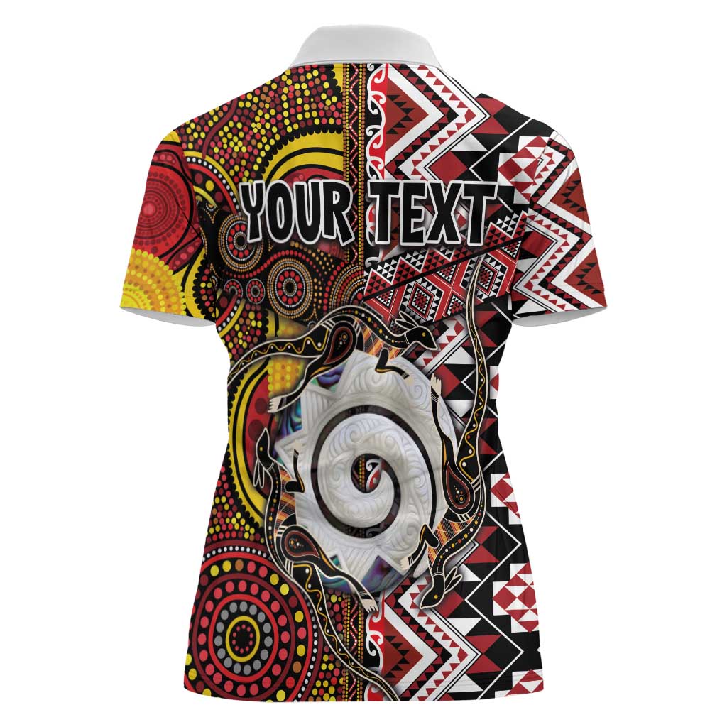 Personalised Aotearoa and Australia Together Women Polo Shirt Koru and Kangaroo - Taniko with Aboriginal Motif LT03 - Polynesian Pride