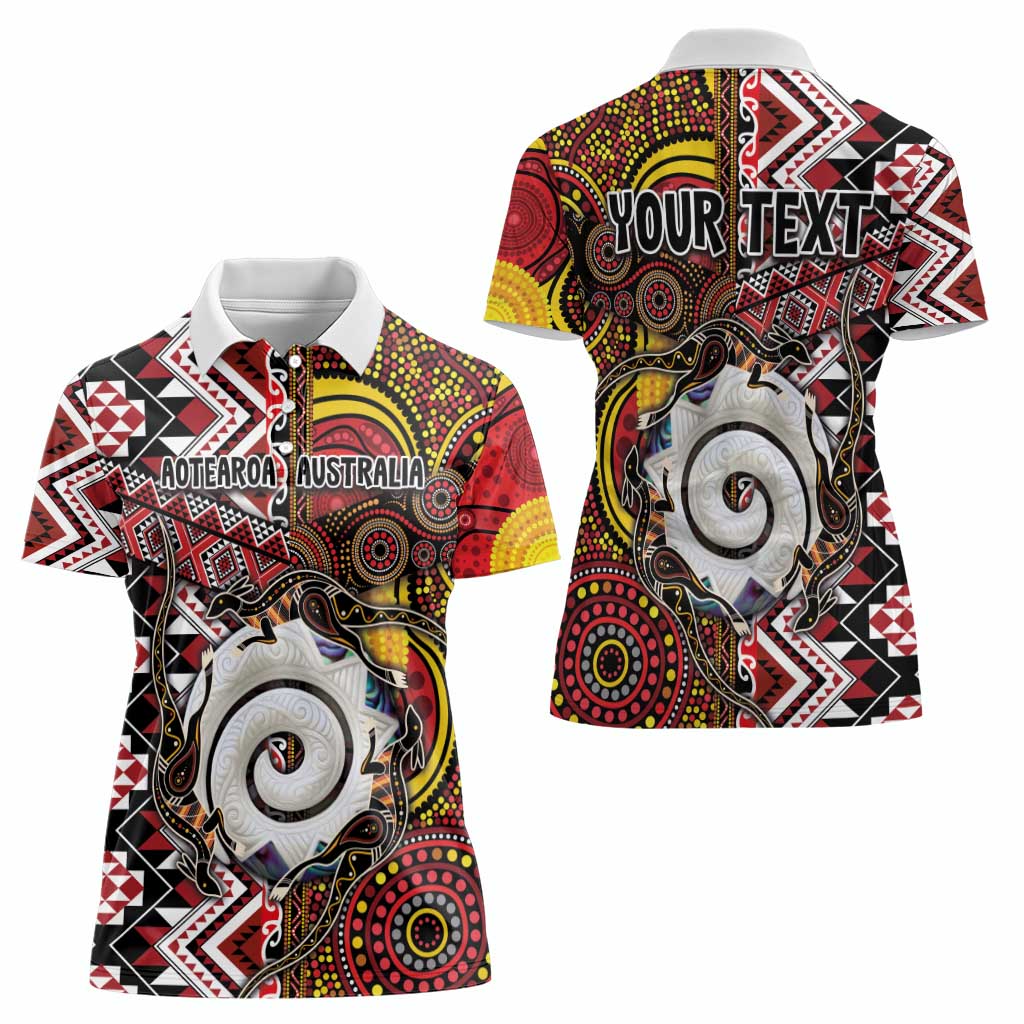 Personalised Aotearoa and Australia Together Women Polo Shirt Koru and Kangaroo - Taniko with Aboriginal Motif LT03 - Polynesian Pride