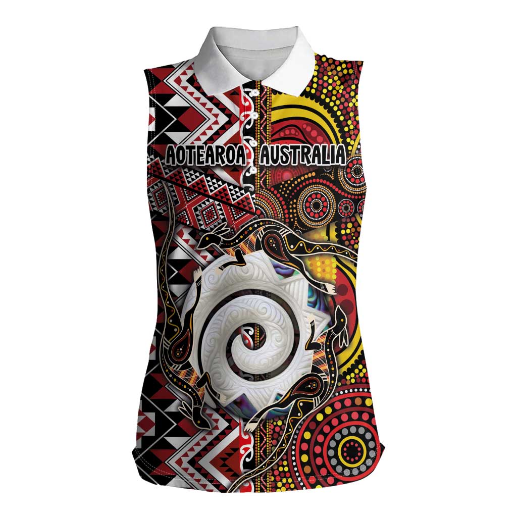 Personalised Aotearoa and Australia Together Women Sleeveless Polo Shirt Koru and Kangaroo - Taniko with Aboriginal Motif LT03 Female Black - Polynesian Pride