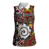 Personalised Aotearoa and Australia Together Women Sleeveless Polo Shirt Koru and Kangaroo - Taniko with Aboriginal Motif LT03 Female Black - Polynesian Pride