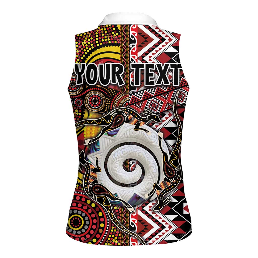 Personalised Aotearoa and Australia Together Women Sleeveless Polo Shirt Koru and Kangaroo - Taniko with Aboriginal Motif LT03 - Polynesian Pride
