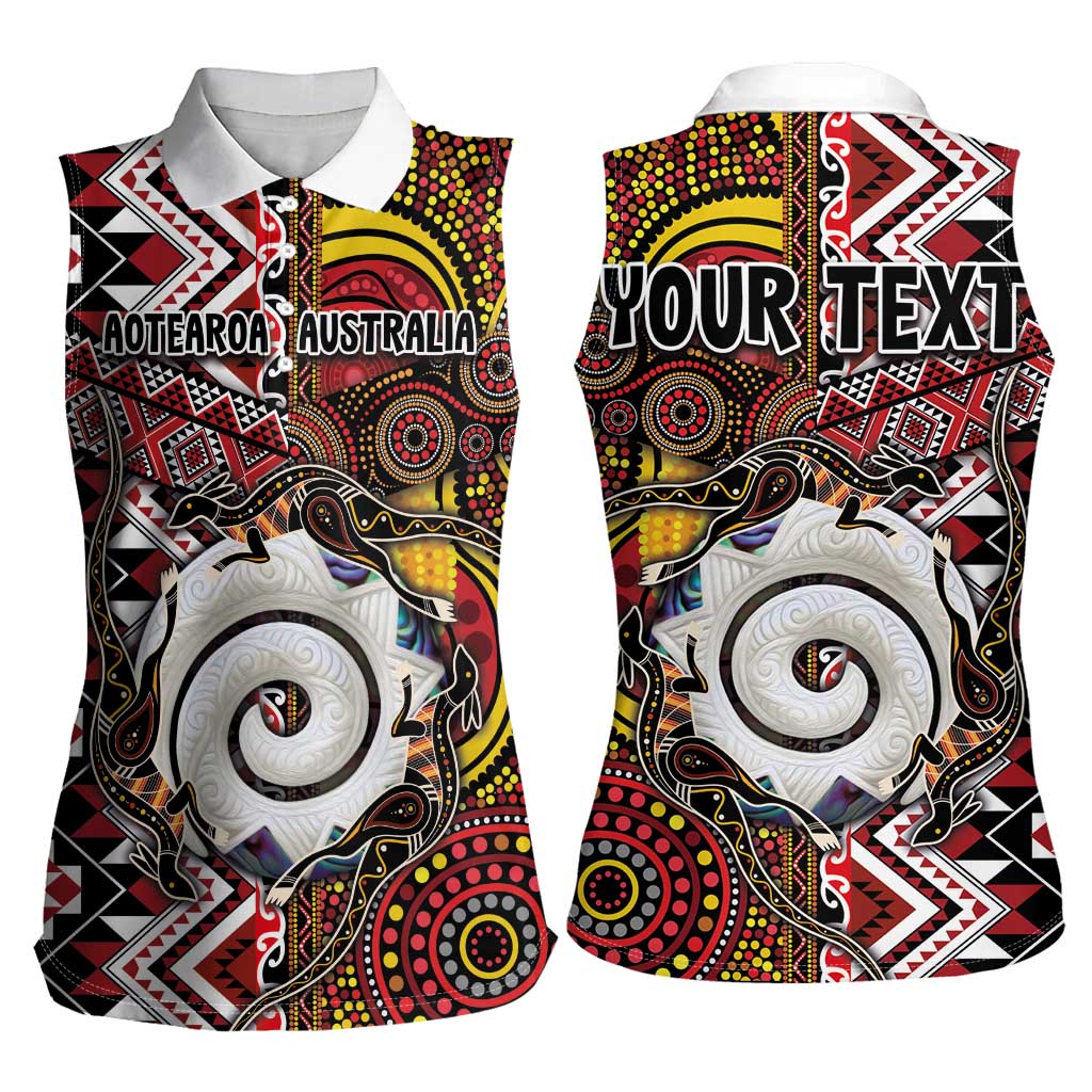 Personalised Aotearoa and Australia Together Women Sleeveless Polo Shirt Koru and Kangaroo - Taniko with Aboriginal Motif LT03 - Polynesian Pride