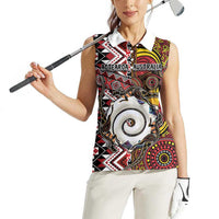 Personalised Aotearoa and Australia Together Women Sleeveless Polo Shirt Koru and Kangaroo - Taniko with Aboriginal Motif LT03 - Polynesian Pride