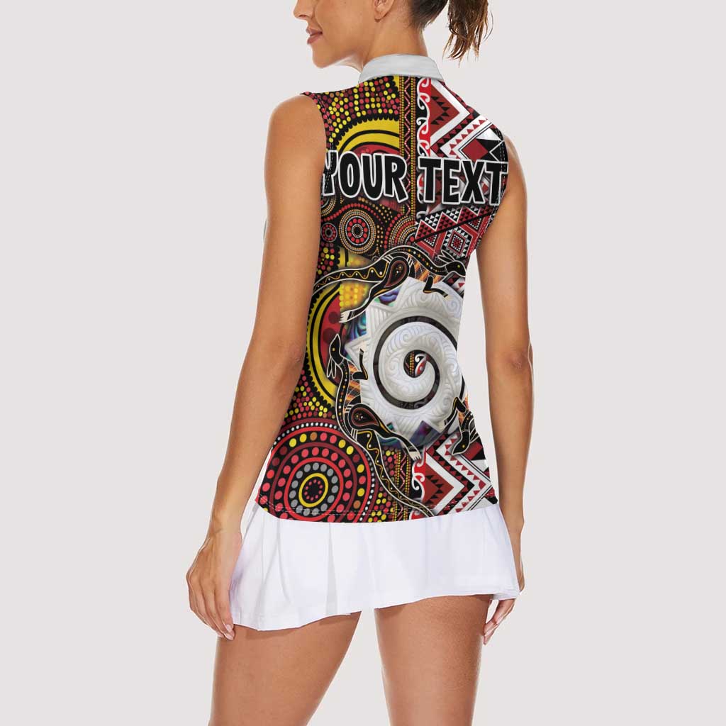 Personalised Aotearoa and Australia Together Women Sleeveless Polo Shirt Koru and Kangaroo - Taniko with Aboriginal Motif LT03 - Polynesian Pride