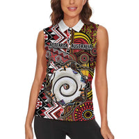 Personalised Aotearoa and Australia Together Women Sleeveless Polo Shirt Koru and Kangaroo - Taniko with Aboriginal Motif LT03 - Polynesian Pride