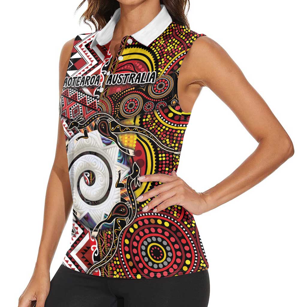 Personalised Aotearoa and Australia Together Women Sleeveless Polo Shirt Koru and Kangaroo - Taniko with Aboriginal Motif LT03 - Polynesian Pride