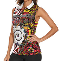 Personalised Aotearoa and Australia Together Women Sleeveless Polo Shirt Koru and Kangaroo - Taniko with Aboriginal Motif LT03 - Polynesian Pride