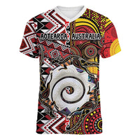 Personalised Aotearoa and Australia Together Women V-Neck T-Shirt Koru and Kangaroo - Taniko with Aboriginal Motif LT03 Female Black - Polynesian Pride