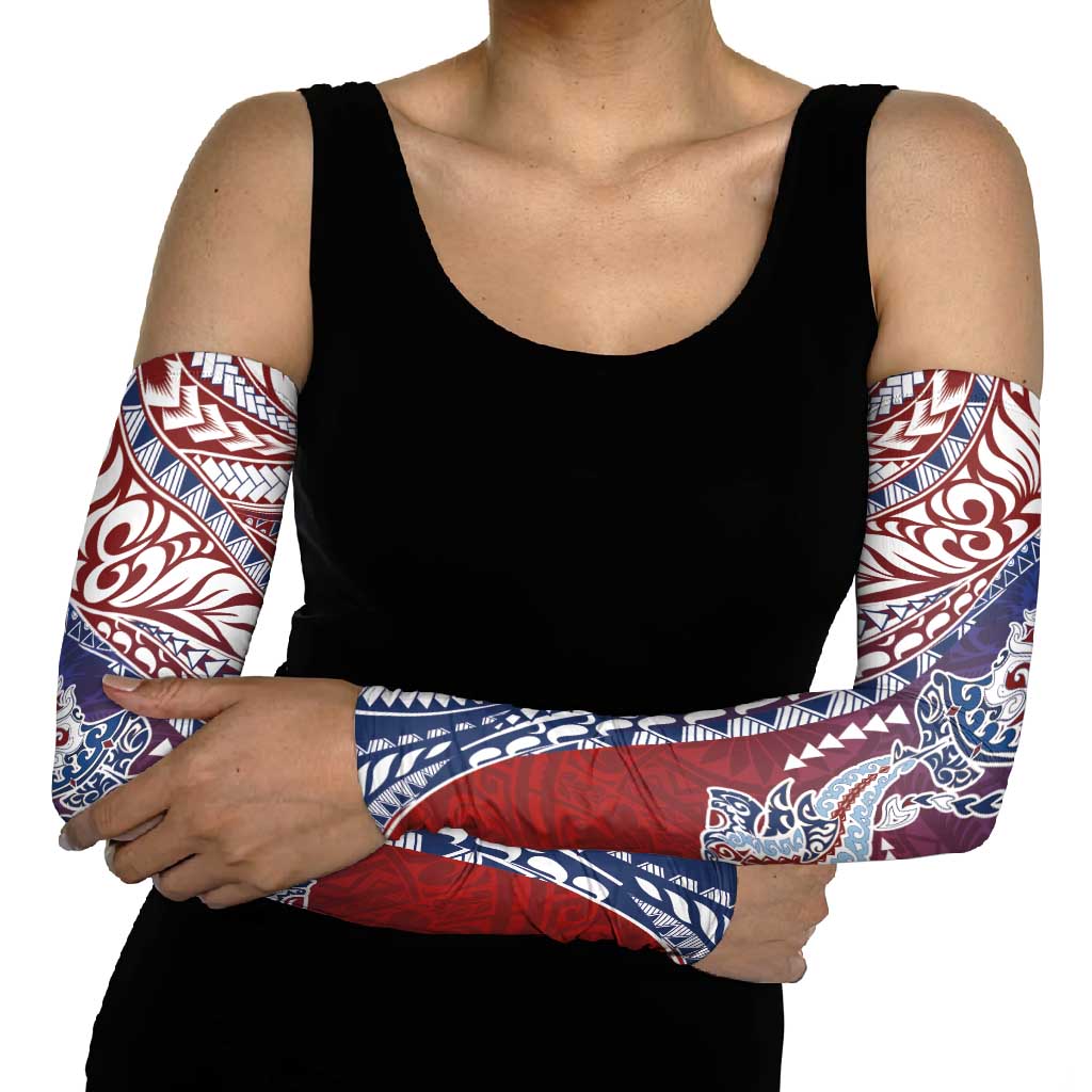Hawaiian Manta Ray and Hammerhead Shark Tribal Tattoo Arm Sleeves with Polynesian Tribal Pattern Hawaii Flag Color LT03 - Polynesian Pride
