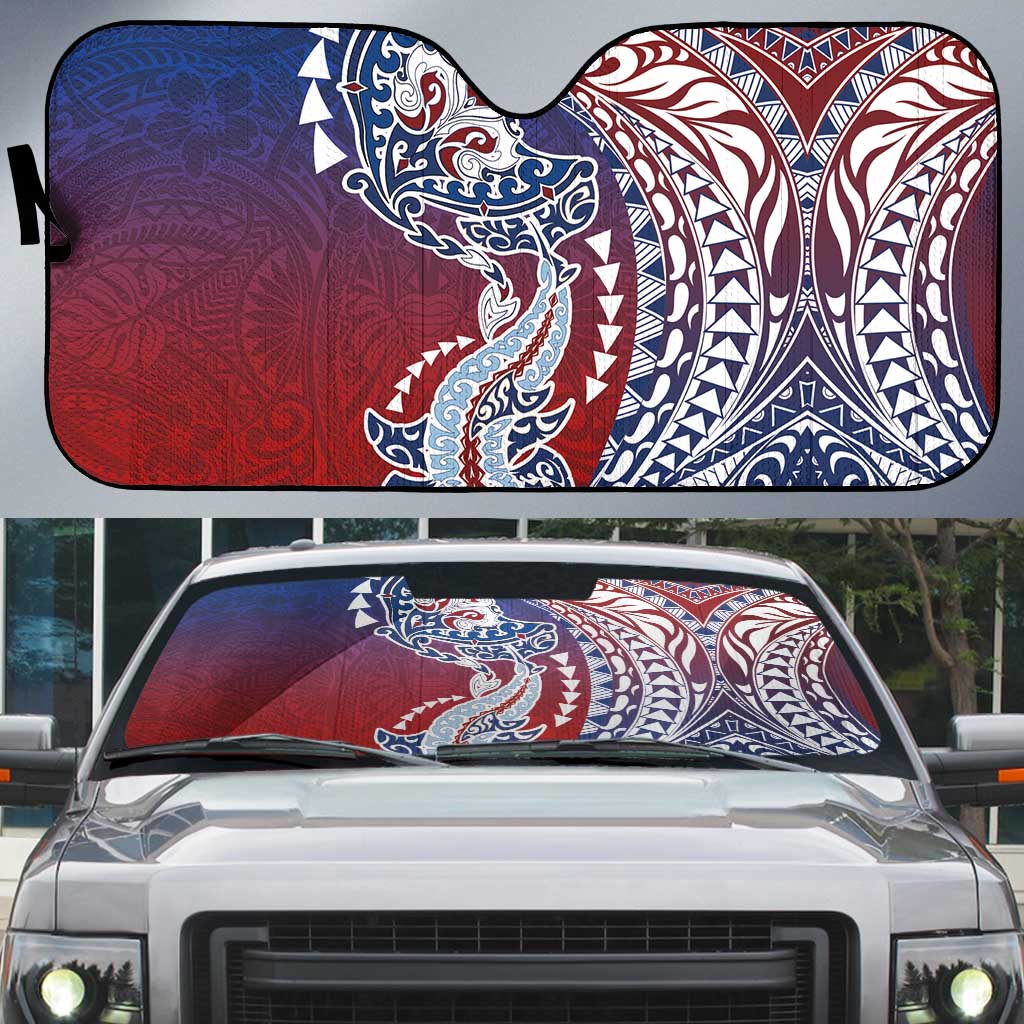 Hawaiian Manta Ray and Hammerhead Shark Tribal Tattoo Auto Sun Shade with Polynesian Tribal Pattern Hawaii Flag Color LT03 Multicolor - Polynesian Pride