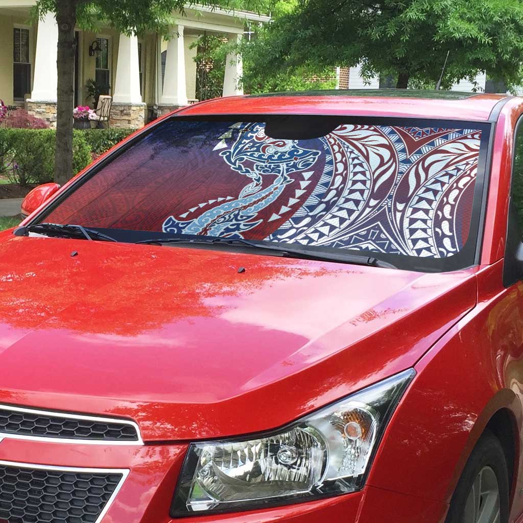 Hawaiian Manta Ray and Hammerhead Shark Tribal Tattoo Auto Sun Shade with Polynesian Tribal Pattern Hawaii Flag Color LT03 - Polynesian Pride