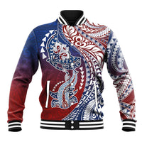 Hawaiian Manta Ray and Hammerhead Shark Tribal Tattoo Baseball Jacket with Polynesian Tribal Pattern Hawaii Flag Color