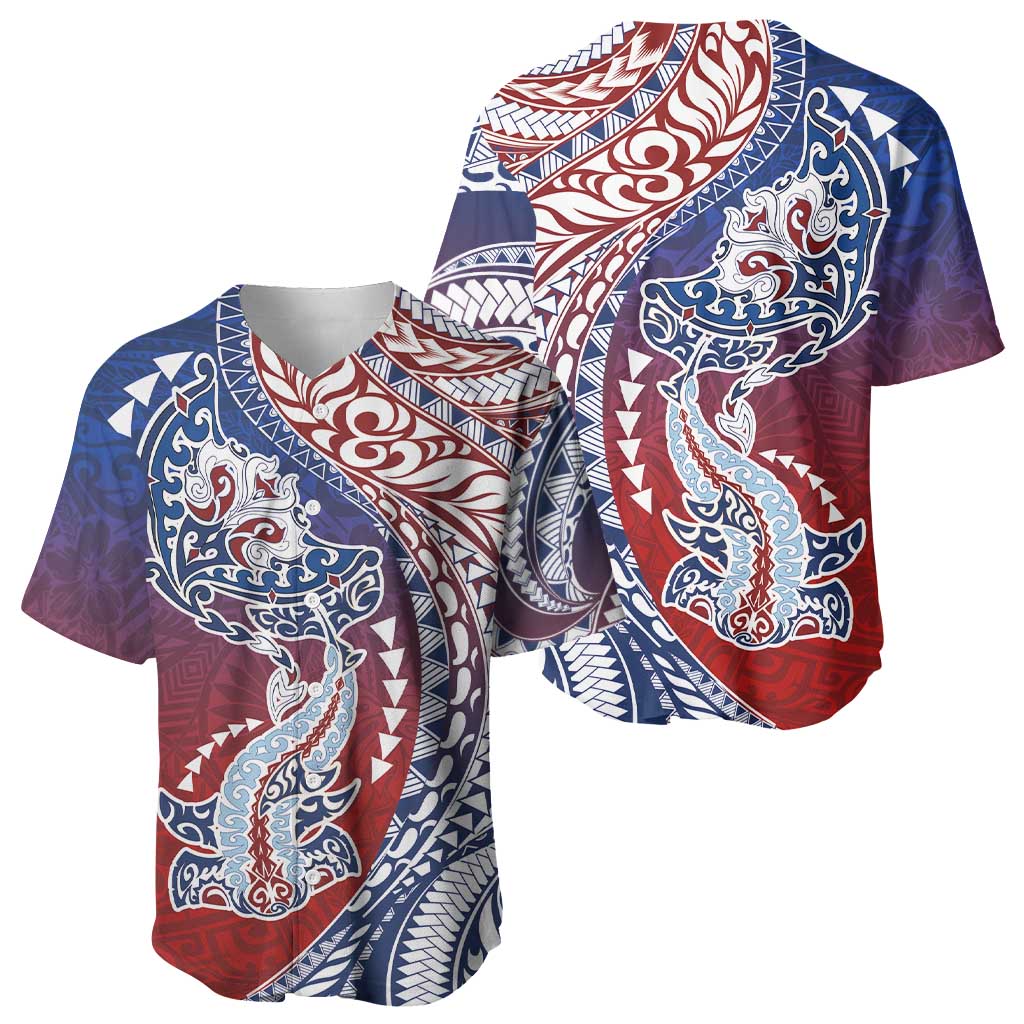 Hawaiian Manta Ray and Hammerhead Shark Tribal Tattoo Baseball Jersey with Polynesian Tribal Pattern Hawaii Flag Color LT03 - Polynesian Pride