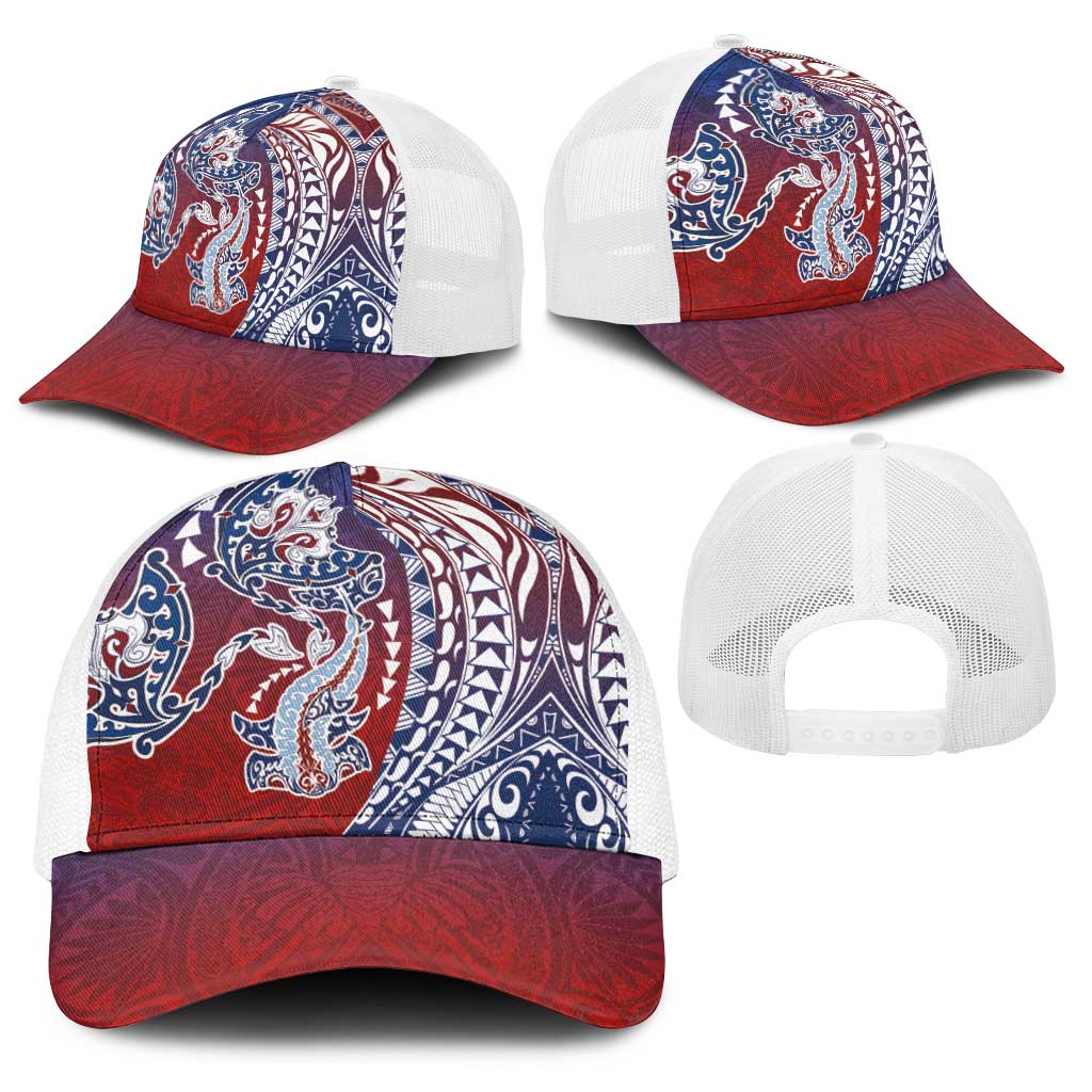 Hawaiian Manta Ray and Hammerhead Shark Tribal Tattoo Baseball Net Cap with Polynesian Tribal Pattern Hawaii Flag Color