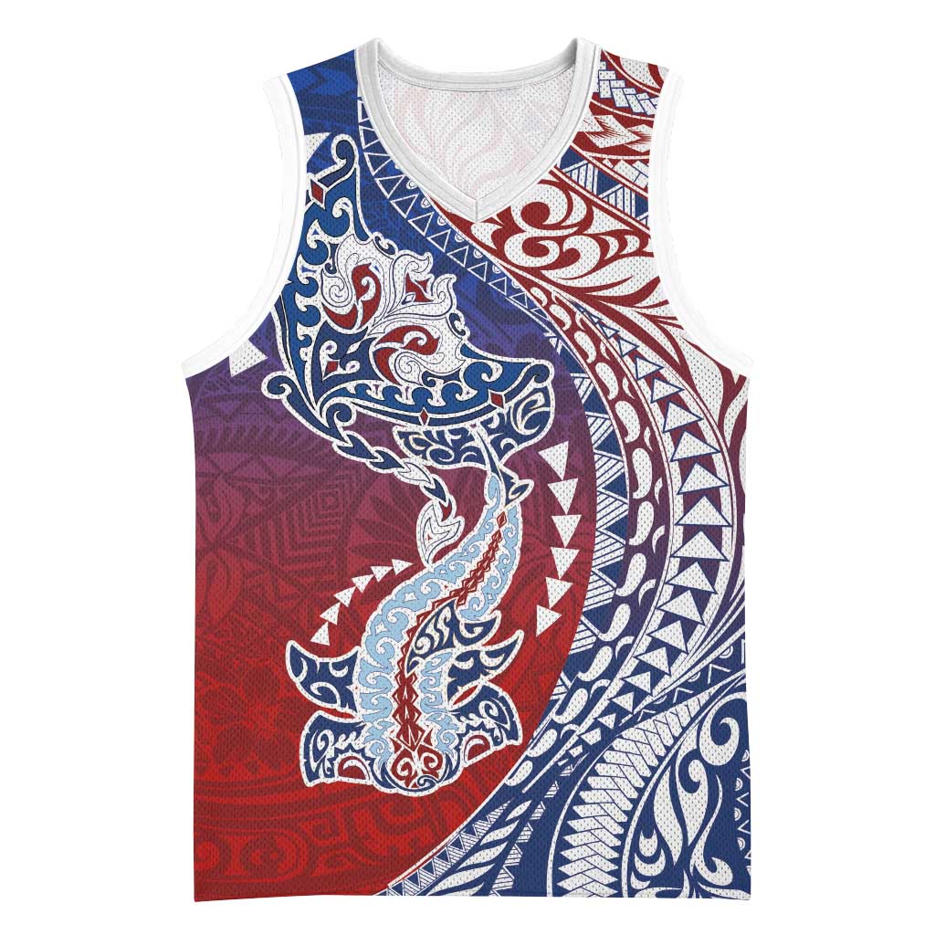 Hawaiian Manta Ray and Hammerhead Shark Tribal Tattoo Basketball Jersey with Polynesian Tribal Pattern Hawaii Flag Color