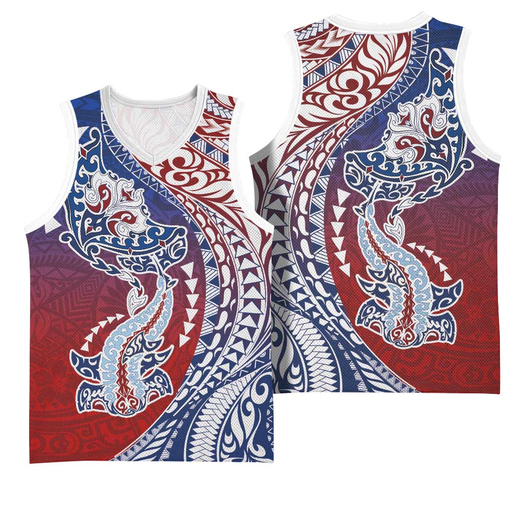 Hawaiian Manta Ray and Hammerhead Shark Tribal Tattoo Basketball Jersey with Polynesian Tribal Pattern Hawaii Flag Color LT03 - Polynesian Pride