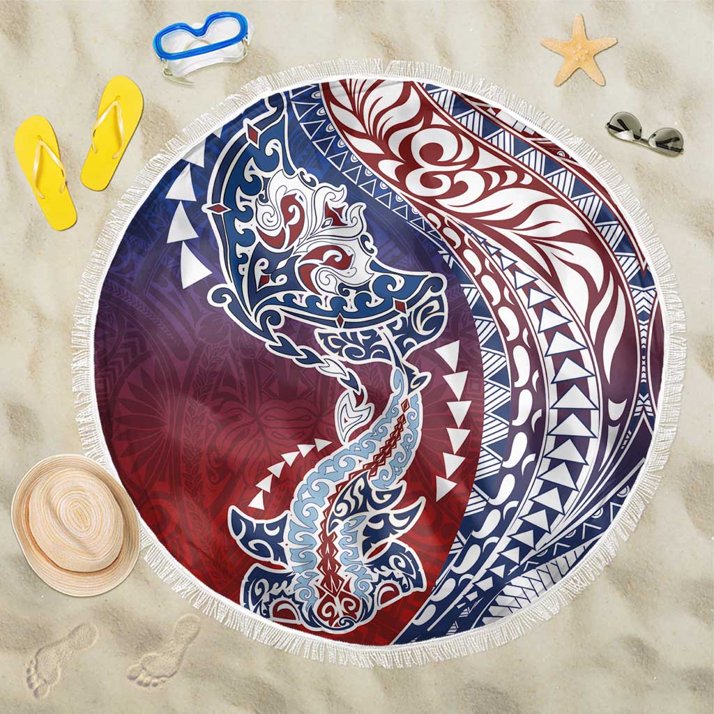 Hawaiian Manta Ray and Hammerhead Shark Tribal Tattoo Beach Blanket with Polynesian Tribal Pattern Hawaii Flag Color