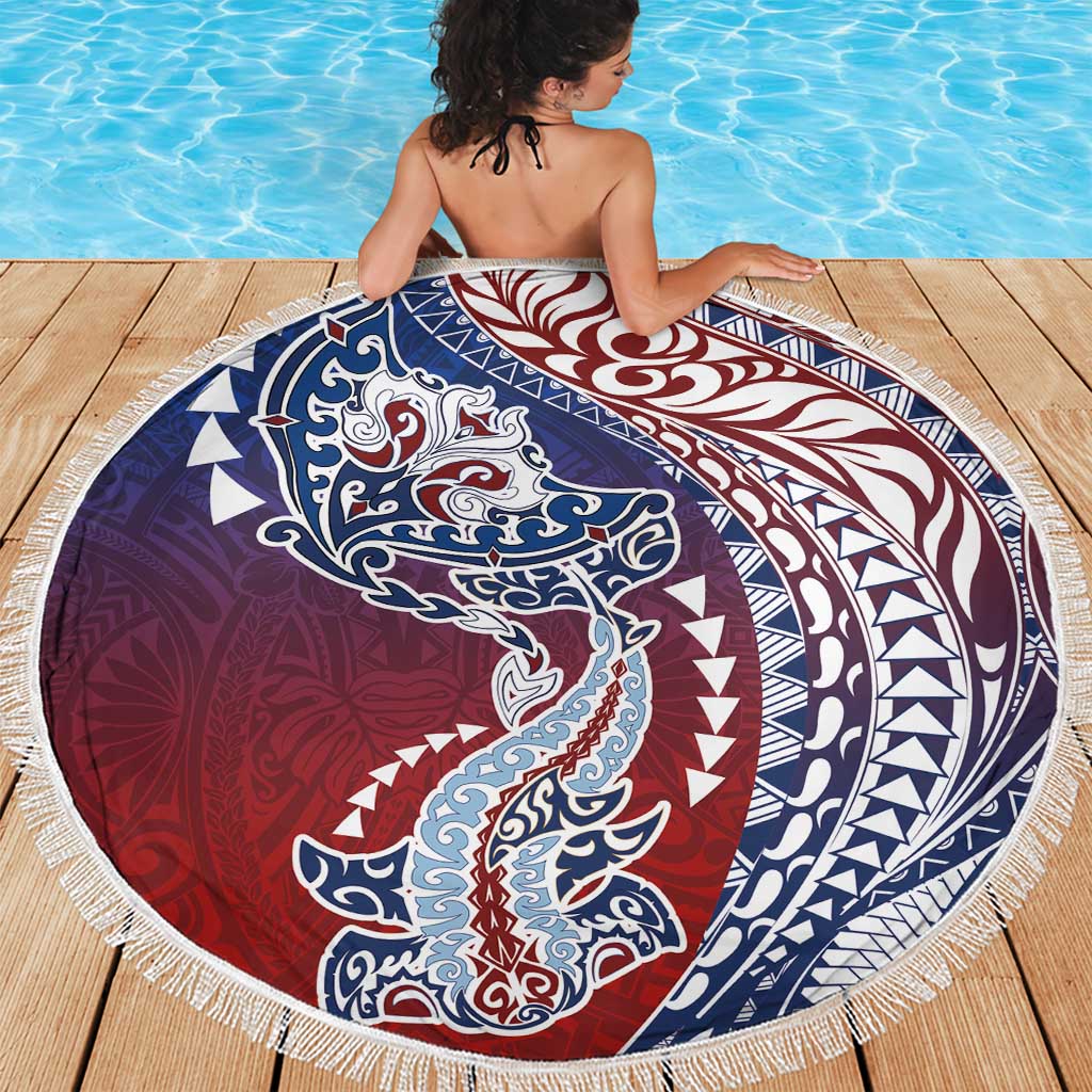 Hawaiian Manta Ray and Hammerhead Shark Tribal Tattoo Beach Blanket with Polynesian Tribal Pattern Hawaii Flag Color LT03 - Polynesian Pride