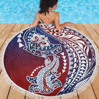 Hawaiian Manta Ray and Hammerhead Shark Tribal Tattoo Beach Blanket with Polynesian Tribal Pattern Hawaii Flag Color LT03 - Polynesian Pride